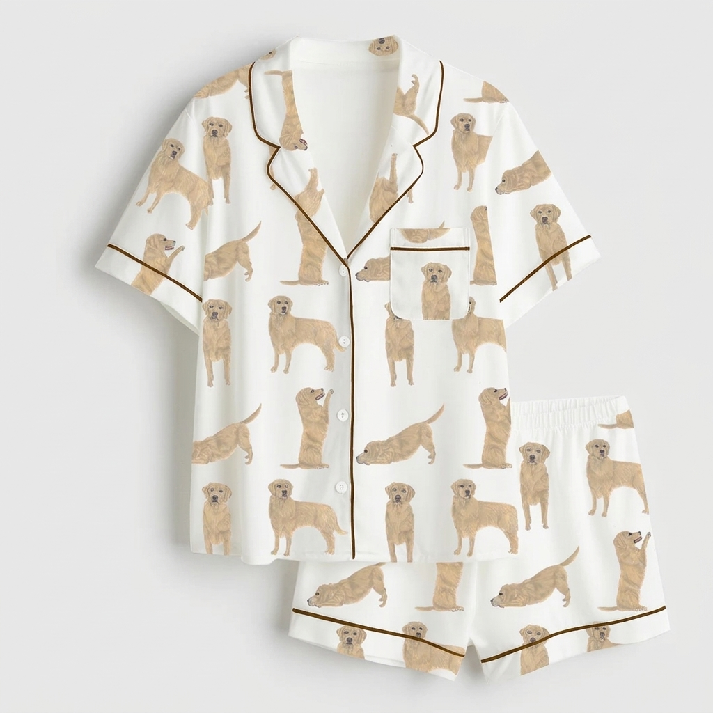 Women's satin pajama set with light golden retrievers standing, sitting and stretching on white - flat lay