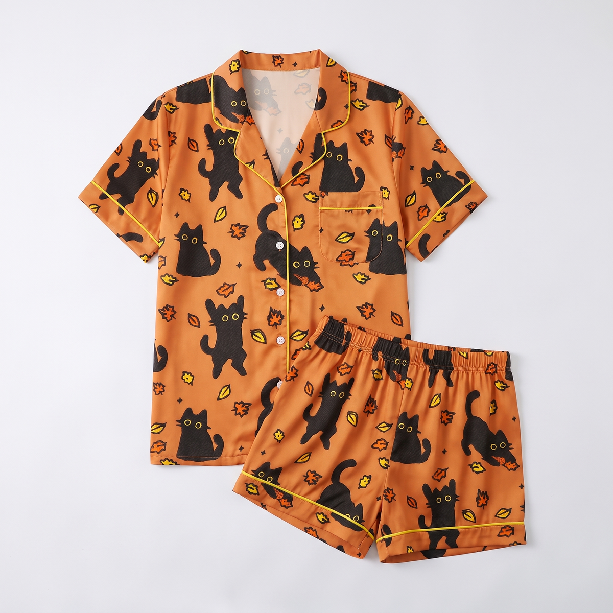Autumn Leaf Cats Women's Pajama Set - flat lay