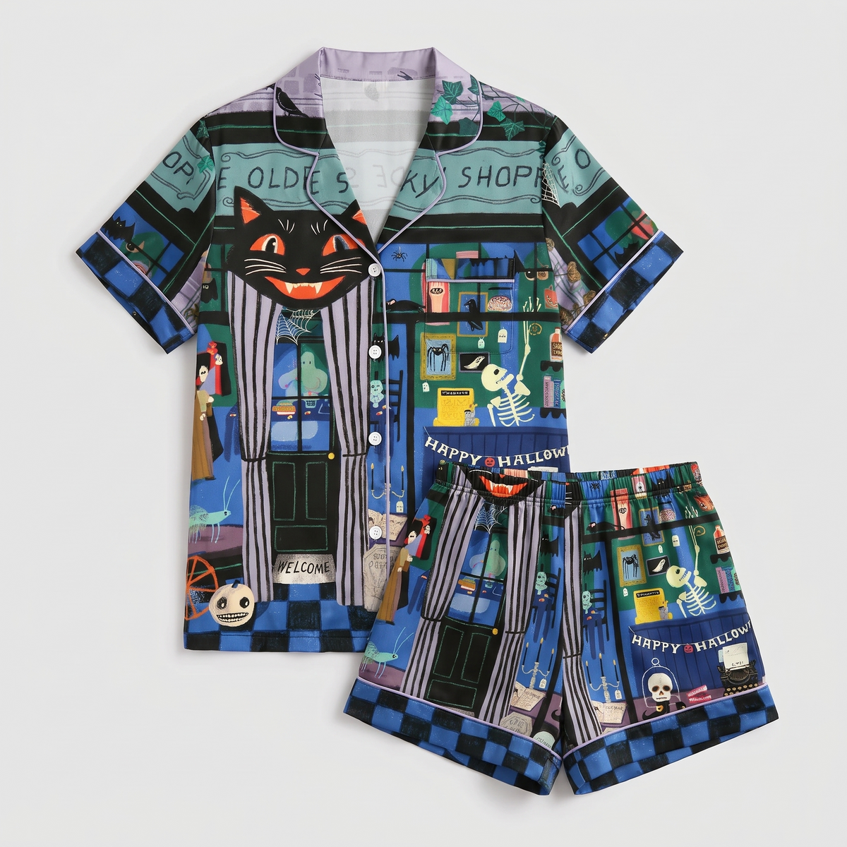 Haunted Shoppe Cat Women's Pajama Set - flat lay