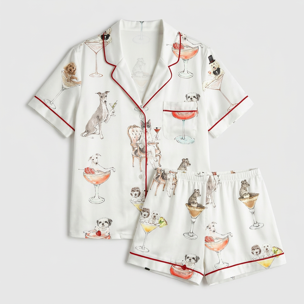 Women's satin pajama set with watercolor dogs in martini, coupe and spritz glasses on white - flat lay
