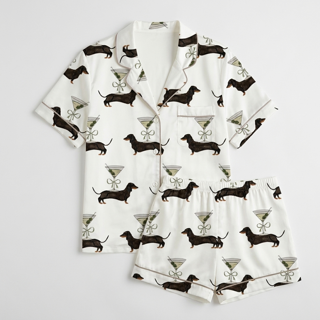 Women's satin pajama set with black dachshunds beside martini glasses tied with ribbon bows on white - flat lay