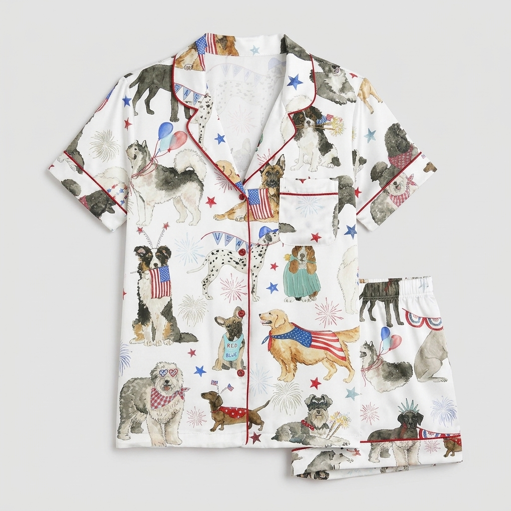 Women's satin pajama set with poodles, retrievers, huskies and dachshunds in Uncle Sam hats with fireworks on white - flat lay