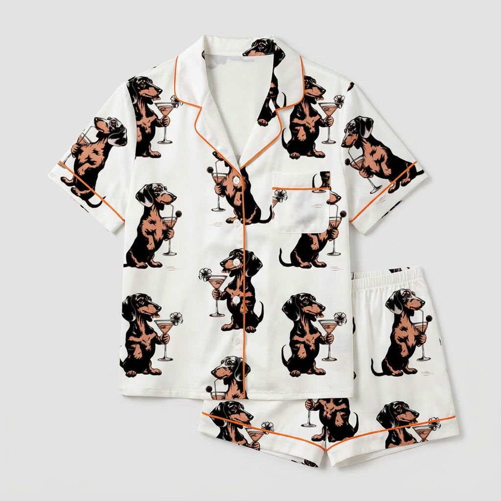 Women's satin pajama set with black-and-tan dachshunds holding martinis with olives on white - flat lay