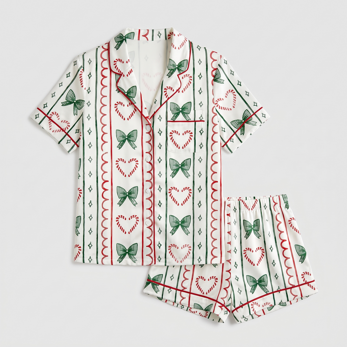 Candy Cane Stripes & Bows Women's Pajama Set - flat lay
