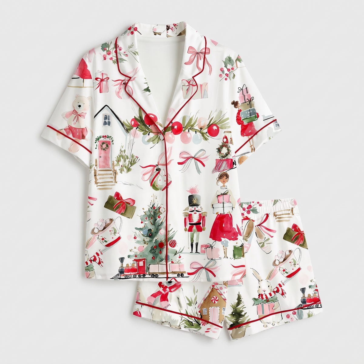 Cozy Nutcracker Village Women's Pajama Set - flat lay