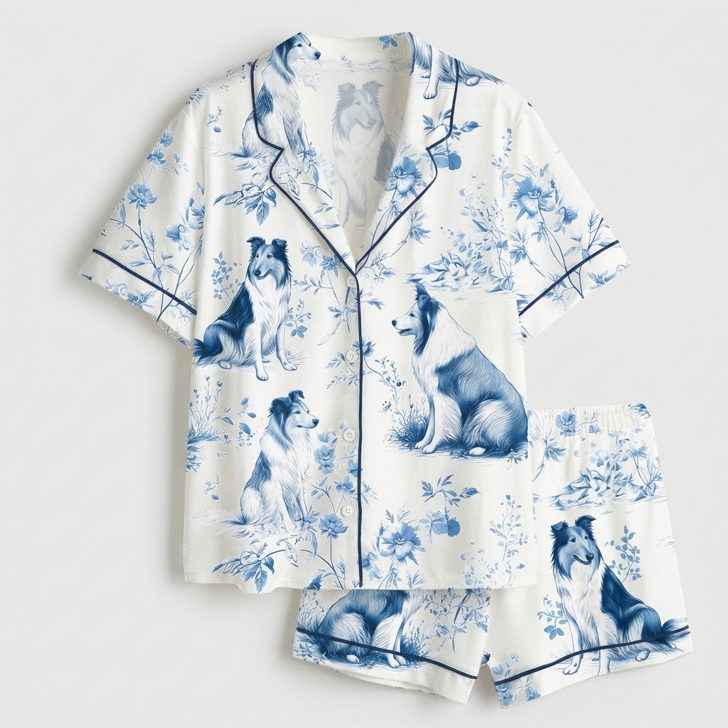 Women's satin pajama set with rough collies among blue chinoiserie flowers and branches on white - flat lay