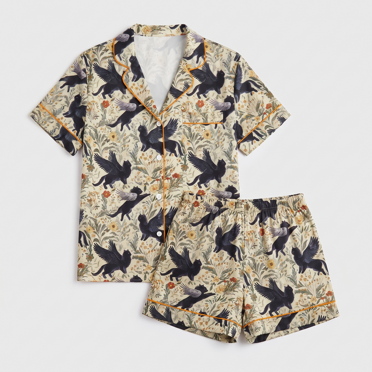 Winged Black Cats Women's Pajama Set - flat lay