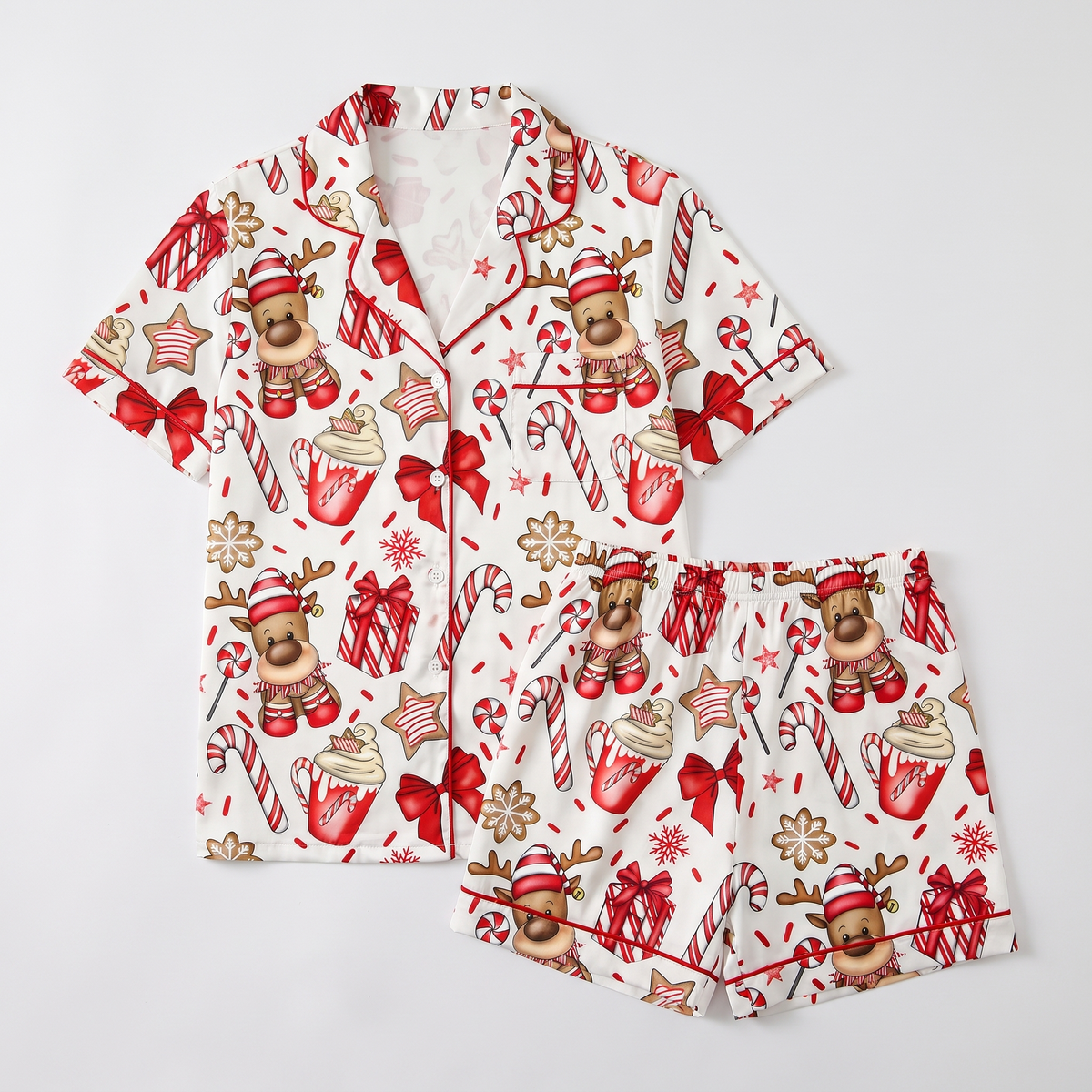 Candy Cane Reindeer Women's Pajama Set - flat lay