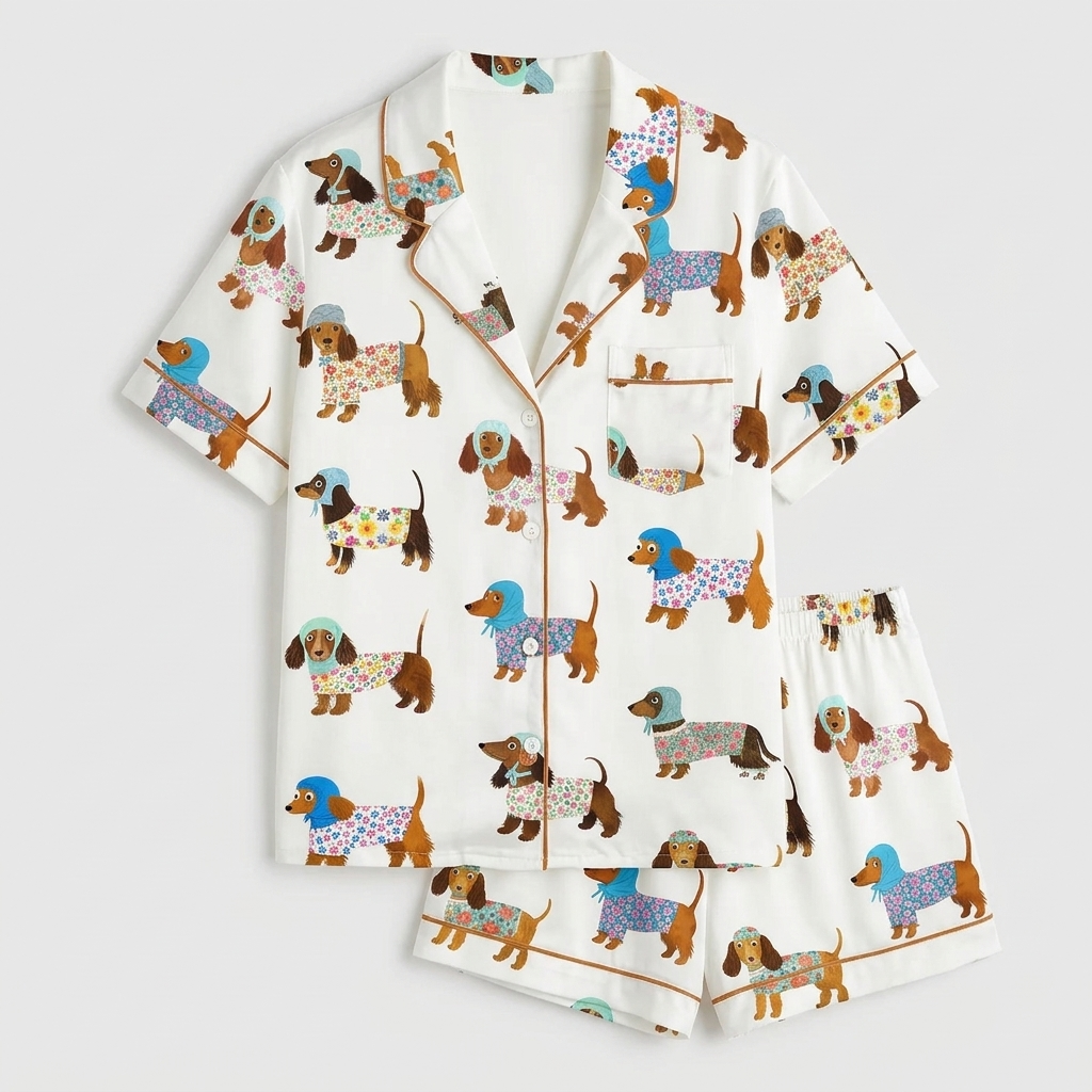 Women's satin pajama set with dachshunds in flower-print sweaters and little bonnets on white - flat lay
