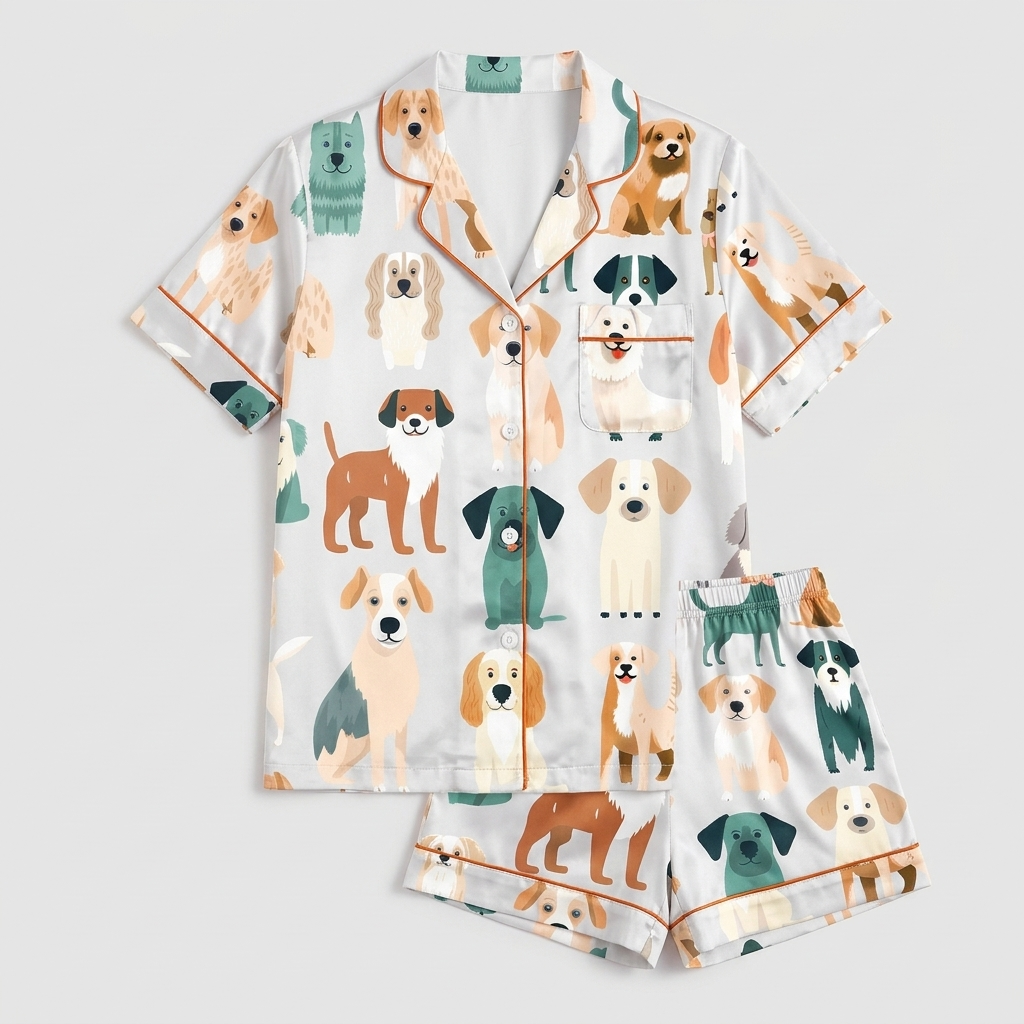 Women's satin pajama set with a parade of teal, caramel and cream storybook dogs on leashes on white - flat lay