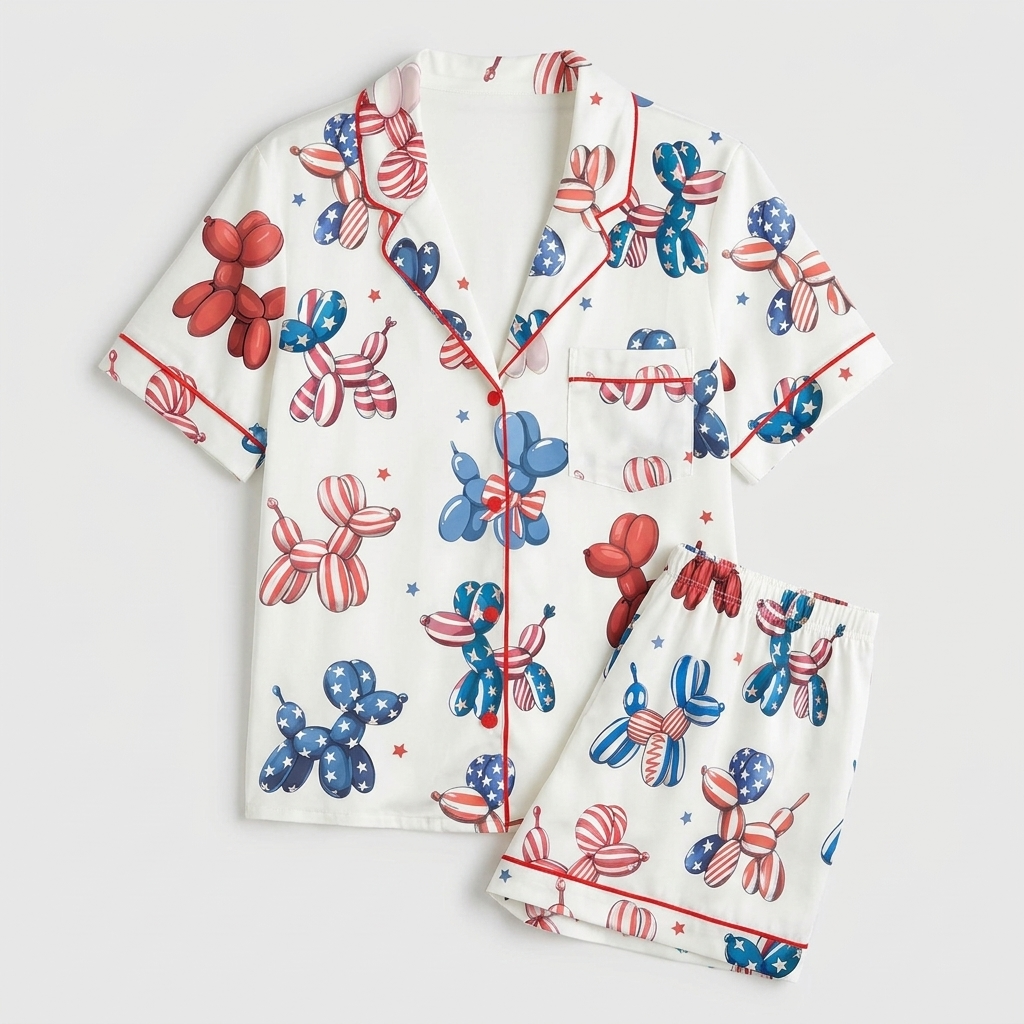 Women's satin pajama set with red, white and blue balloon dogs and confetti stars on white - flat lay