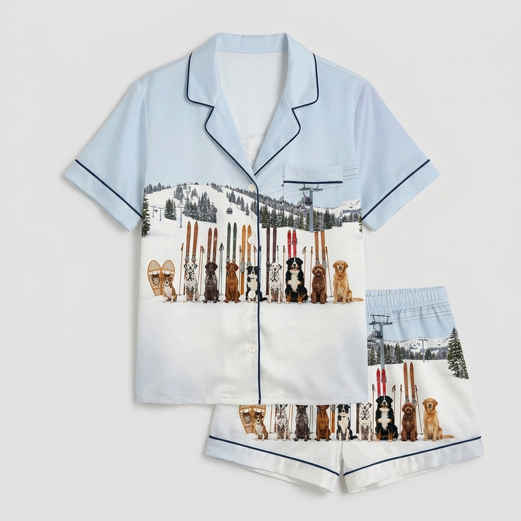 Women's satin pajama set with a row of dogs beside their skis on a snowy mountain slope with lift cables - flat lay