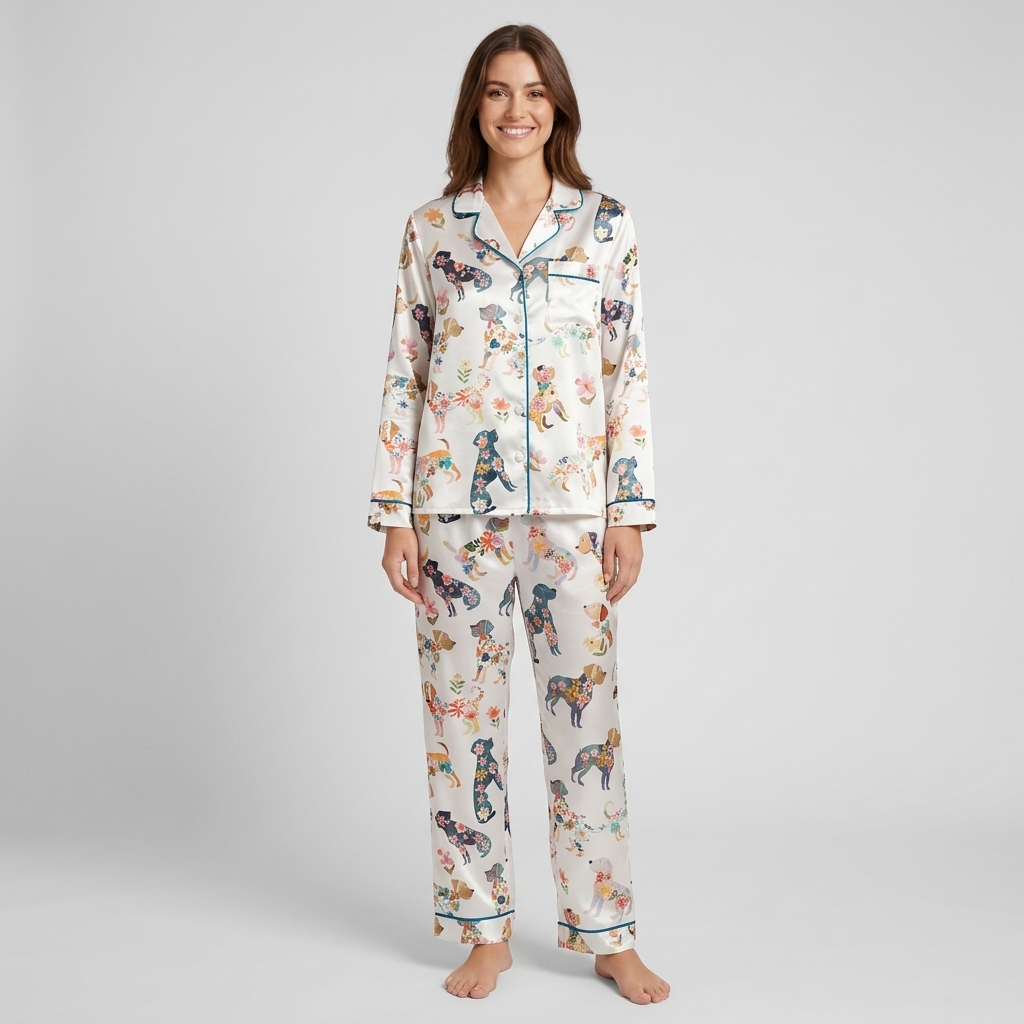 Floral Silhouette Dogs Women's Pajama Set - White long sleeve and pants