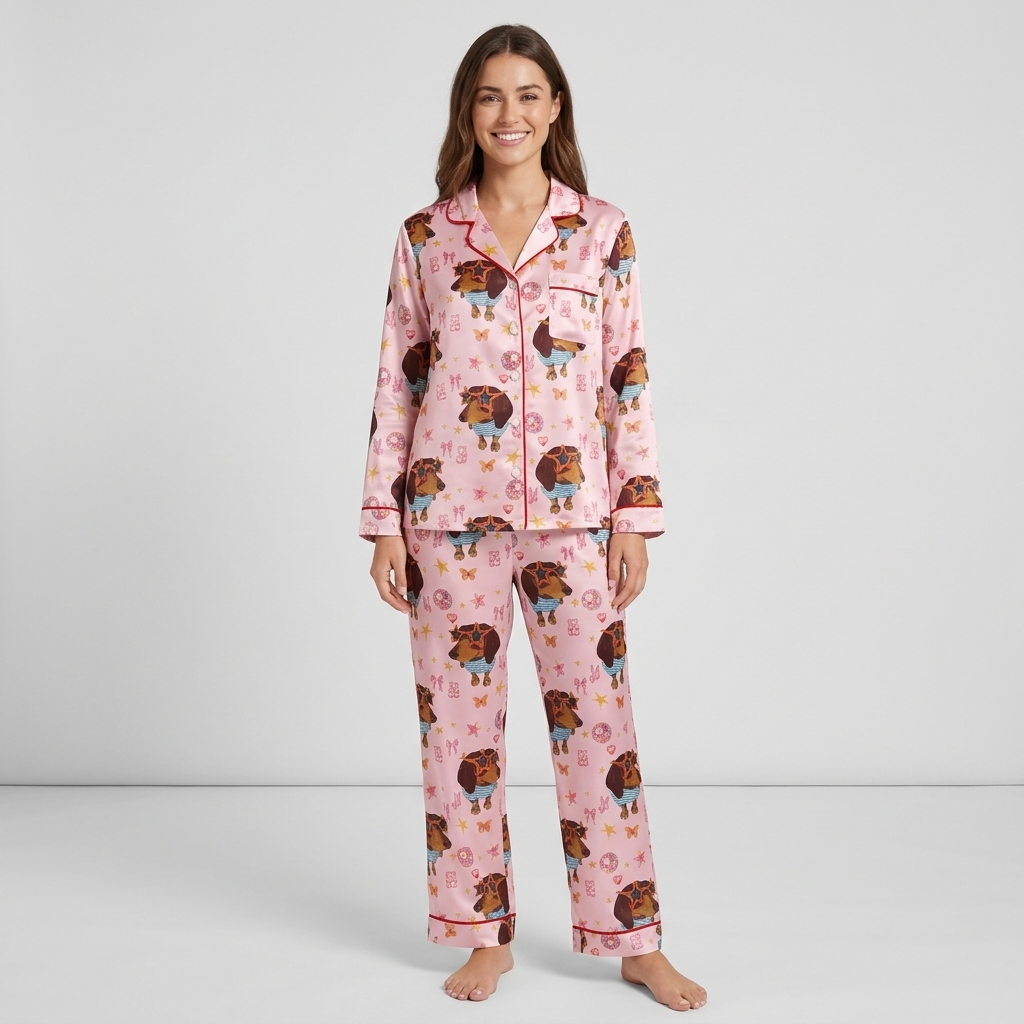 Sunglasses Dachshund Bows Women's Pajama Set - Pink long sleeve and pants