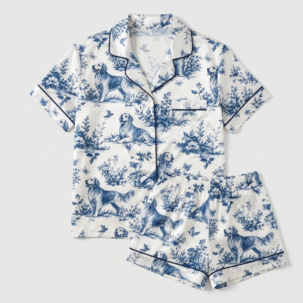 Women's satin pajama set with golden retrievers in a dusty blue flower meadow on white - flat lay