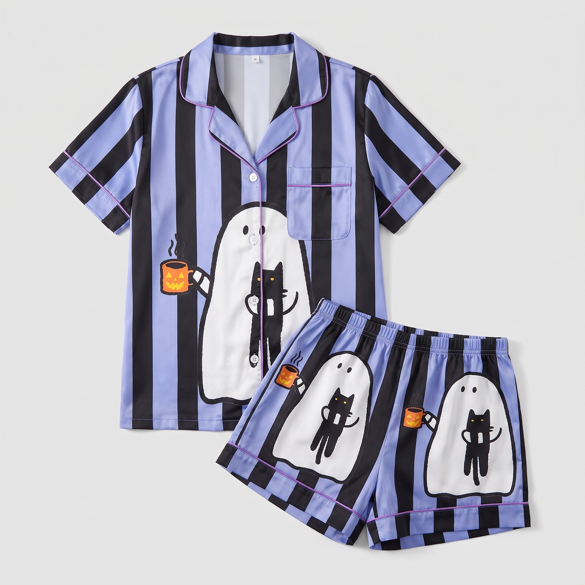 Striped Ghost Cat Women's Pajama Set - flat lay
