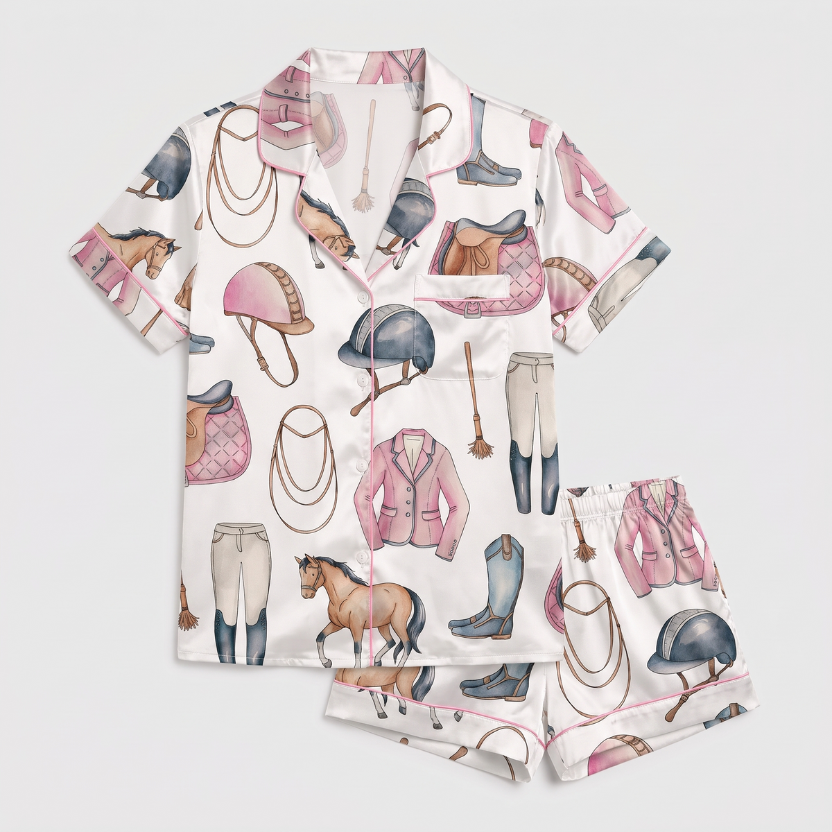 Pearls and Pink Helmets Horse Women's Pajama Set - flat lay
