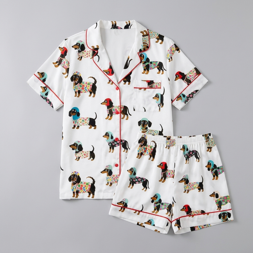 Women's satin pajama set with black-and-tan dachshunds in patterned sweaters and knit hats on white with red piping - flat lay
