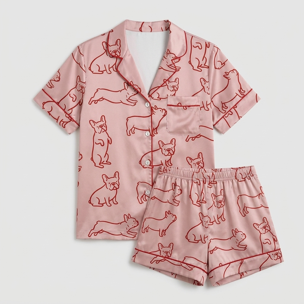 Women's satin pajama set with red line-art French bulldogs on dusty pink - flat lay