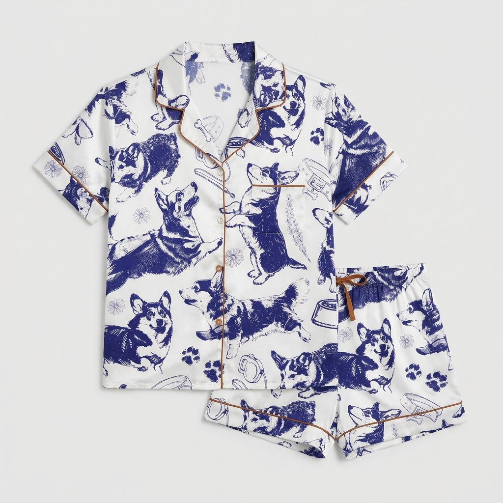 Women's satin pajama set with navy ink sketched corgis, paw prints, bowls and collars on white - flat lay
