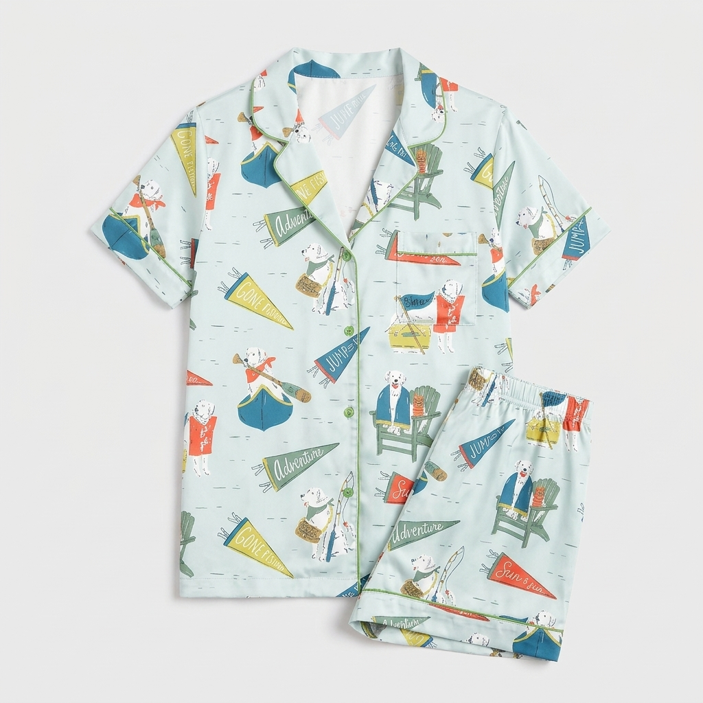 Women's satin pajama set with dogs in Adirondack chairs and canoes with fishing flags on mint green - flat lay