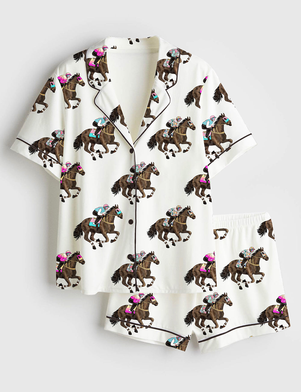 Pink Teal Silks Racing Horses Women's Pajama Set - flat lay