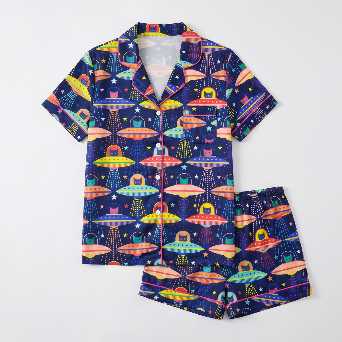 Space Saucer Cats Women's Pajama Set - flat lay