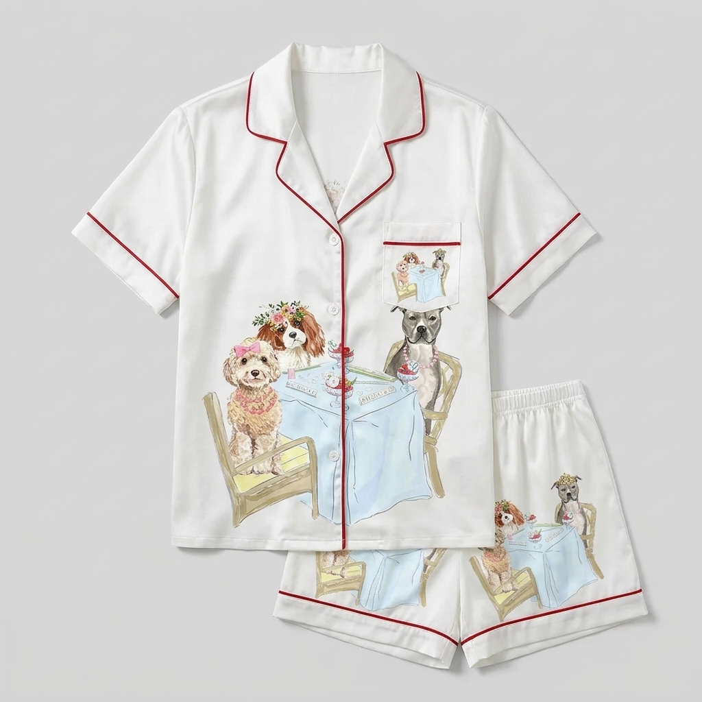 Women's satin pajama set with two dogs in flower crowns and tiaras at a mahjong table on white with red piping - flat lay