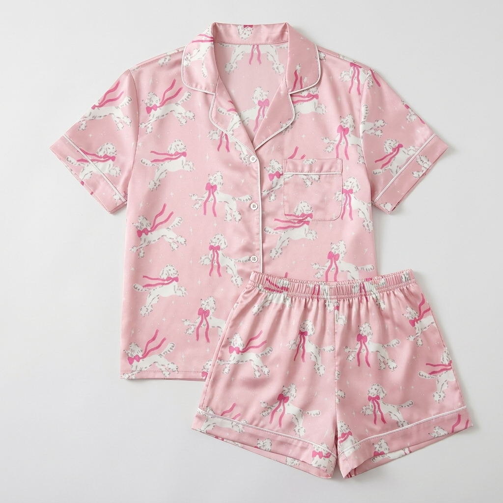 Women's satin pajama set with white poodles trailing hot pink ribbons on soft pink - flat lay