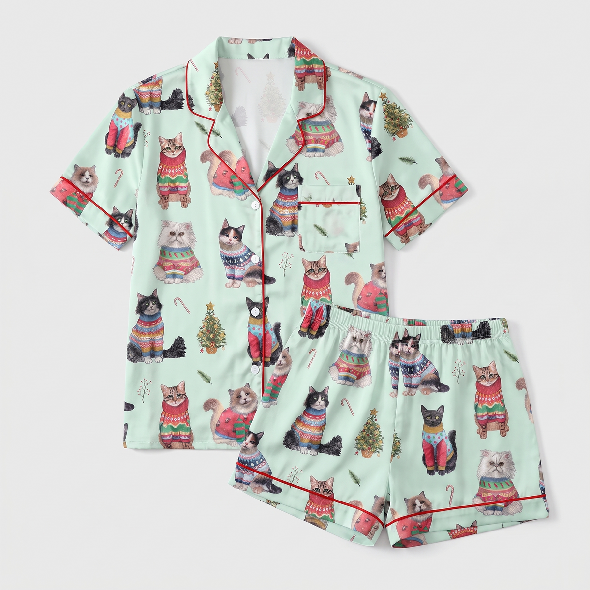 Christmas Sweater Cats Women's Pajama Set - flat lay