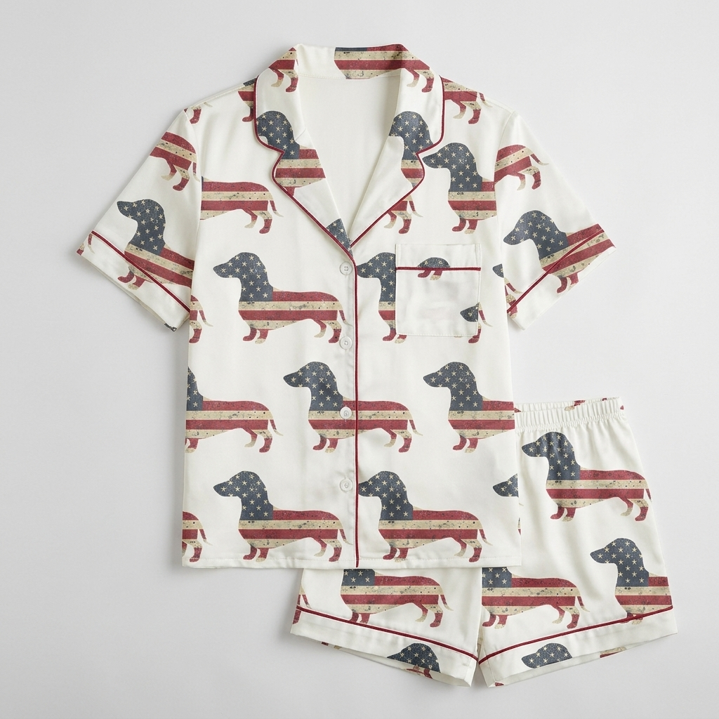 Women's satin pajama set with oversized dachshund silhouettes filled with a distressed American flag on white - flat lay