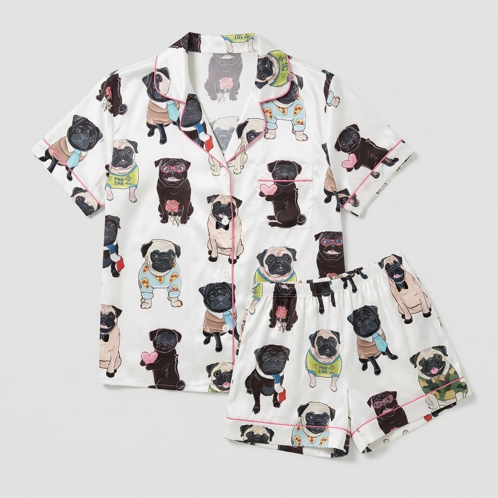 Women's satin pajama set with fawn and black pugs in sweaters, sunglasses and ties on white with pink piping - flat lay