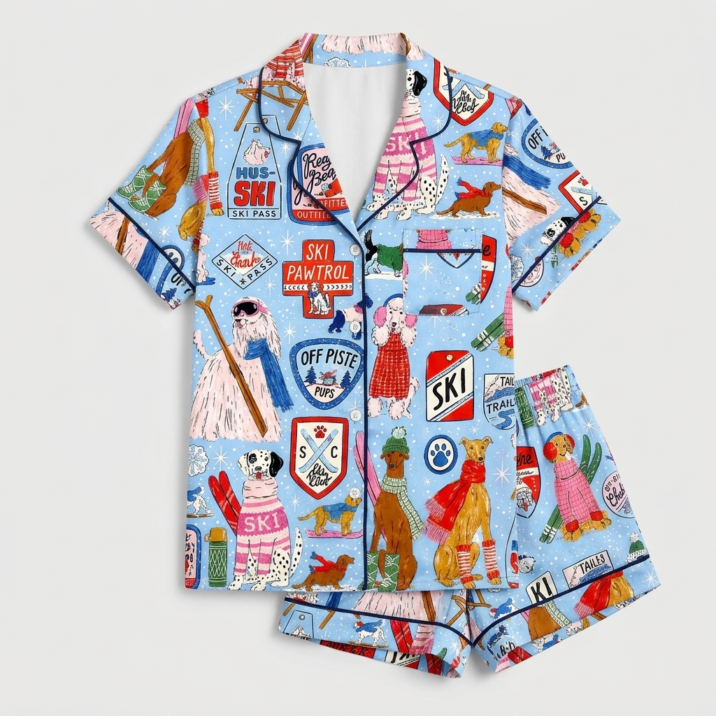 Women's satin pajama set in light blue with dogs in knit sweaters and shades among ski badges and gear - flat lay