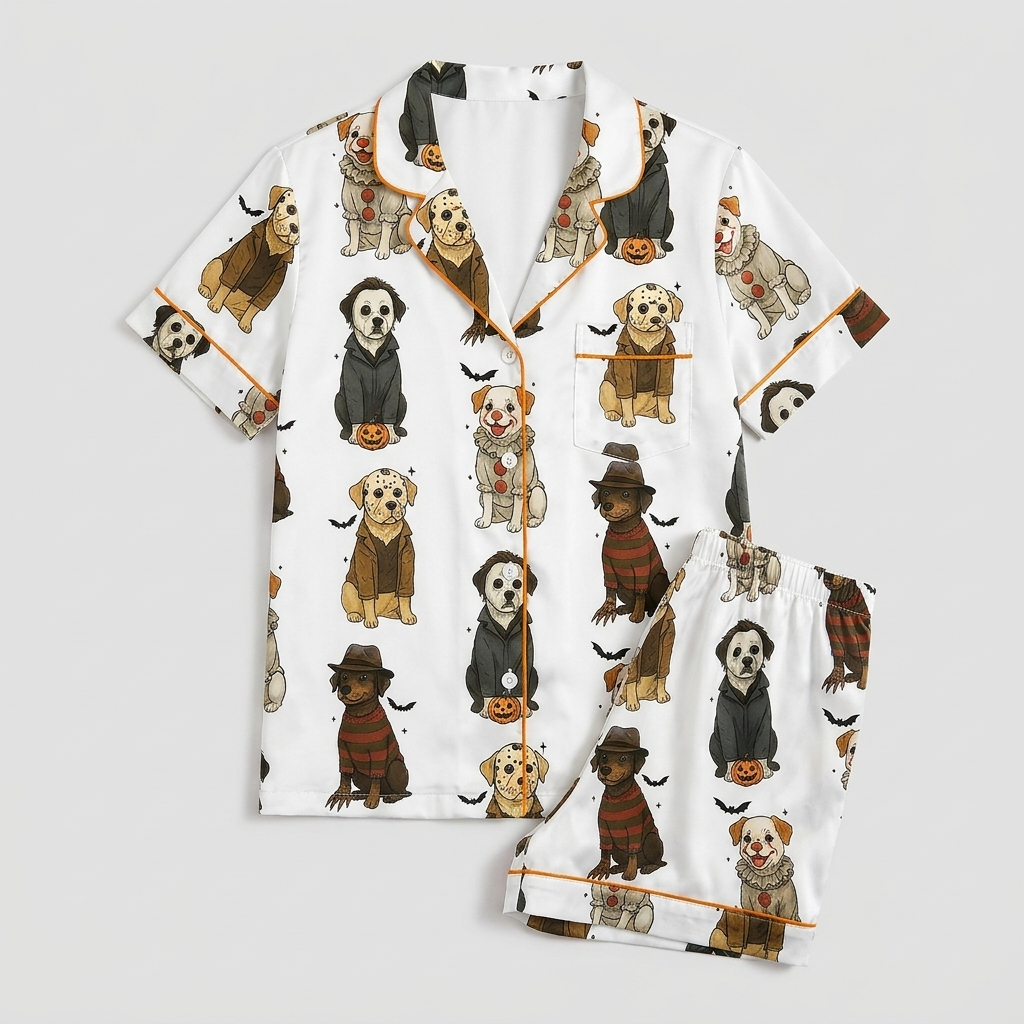 Women's satin pajama set with dogs in Halloween masks, hoods and hats beside jack-o'-lanterns on white - flat lay