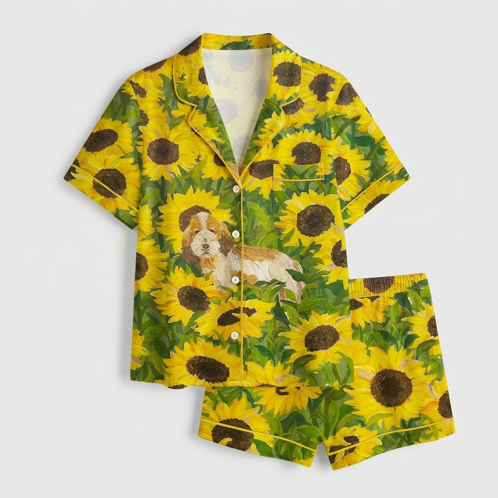Women's satin pajama set with a fluffy golden-and-white dog in a field of sunflowers - flat lay