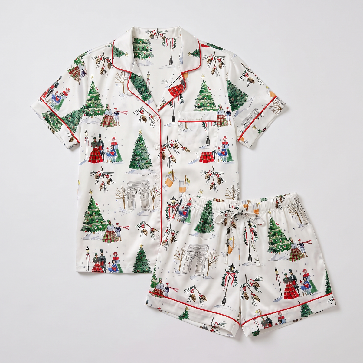 Watercolor Christmas Streets Women's Pajama Set - flat lay