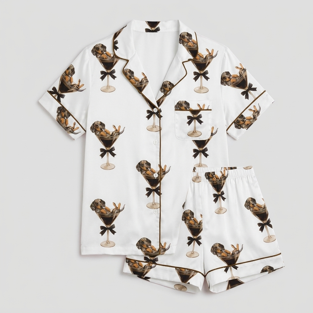 Women's satin pajama set with dachshunds lounging in martini glasses on white - flat lay