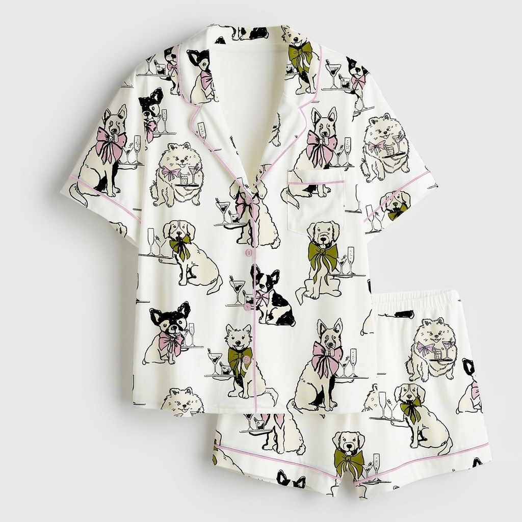 Women's satin pajama set with sketchy dogs in giant ribbon bows holding wine glasses on white - flat lay
