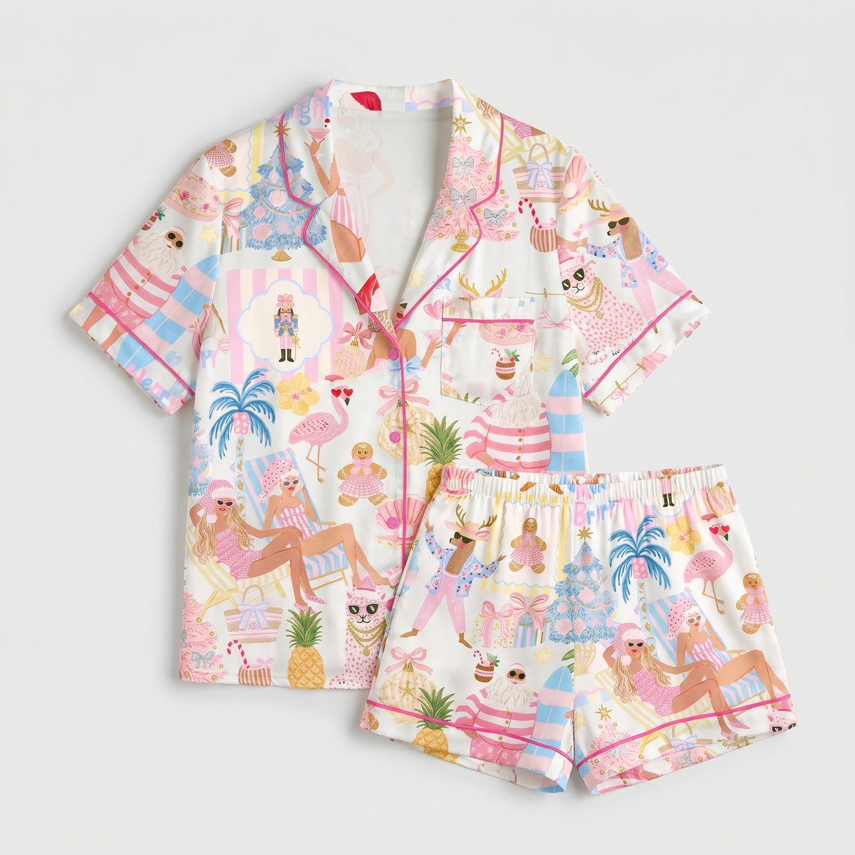 Pink Tropical Santa Women's Pajama Set - flat lay