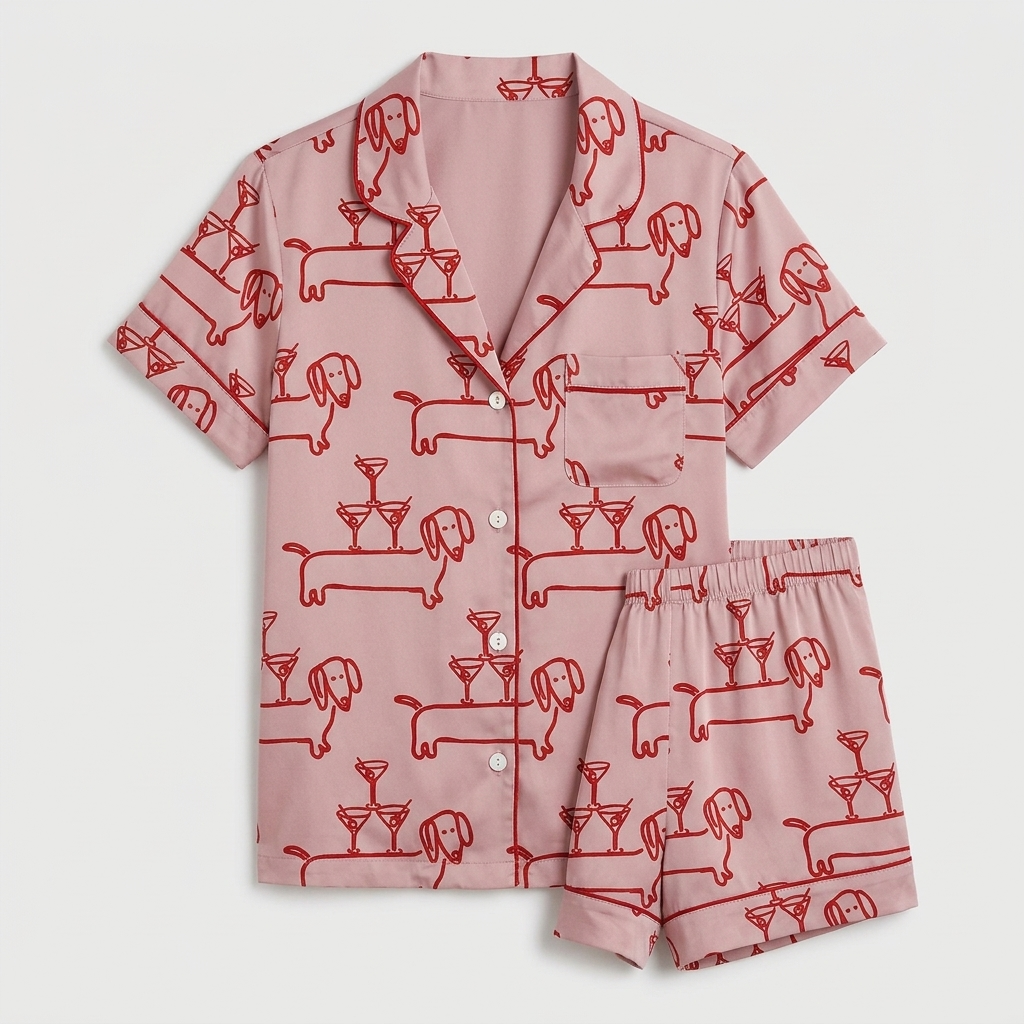 Women's long-sleeve satin pajama set with dachshunds and cocktail glasses in red line art on blush pink - flat lay