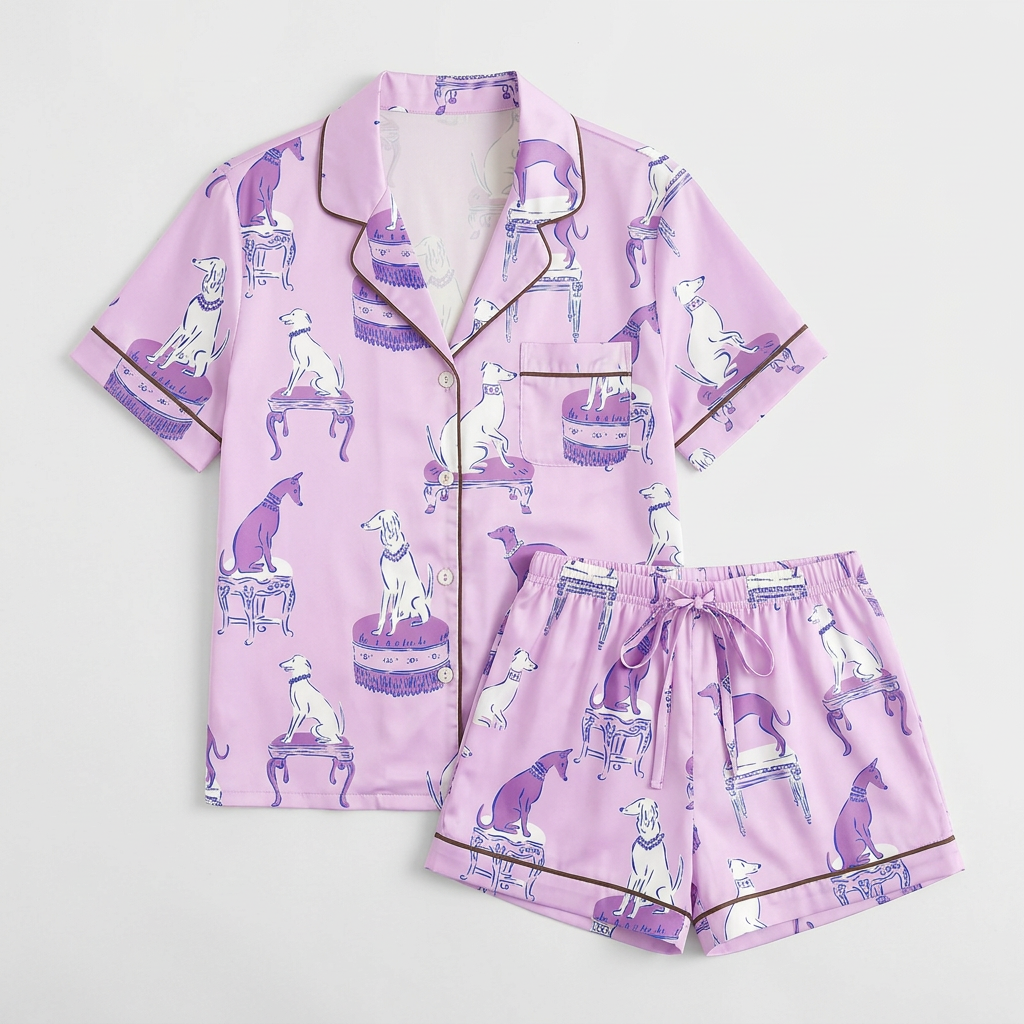 Women's satin pajama set with lilac and white greyhounds on antique stools on soft lavender with brown piping - flat lay