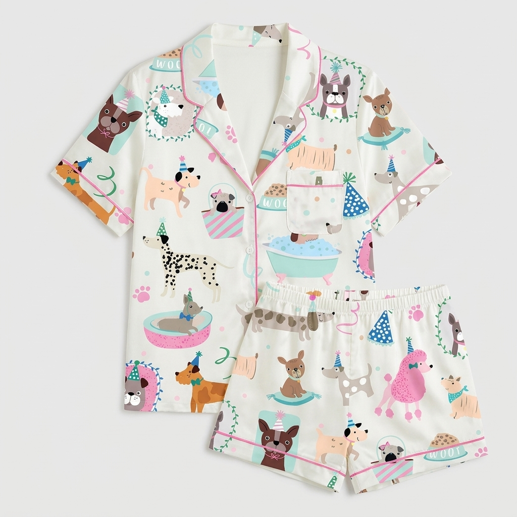 Women's satin pajama set with puppies in party hats, bubble baths and birthday cake in pink and mint - flat lay