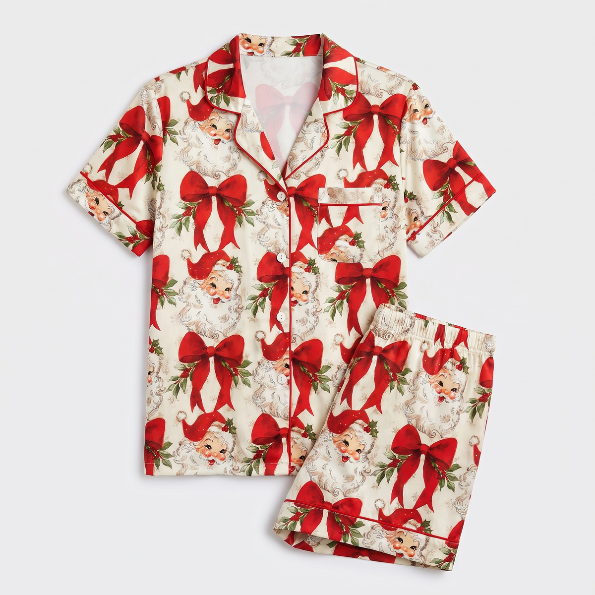 Ecru Santa & Red Bows Women's Pajama Set - flat lay