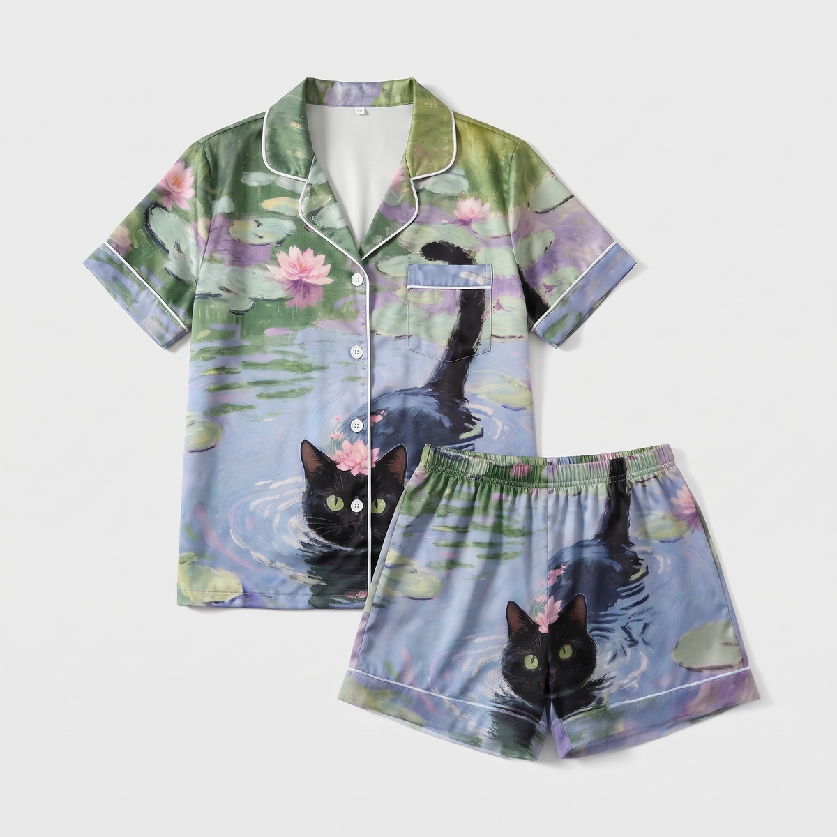 Water Lily Cat Women's Pajama Set - flat lay