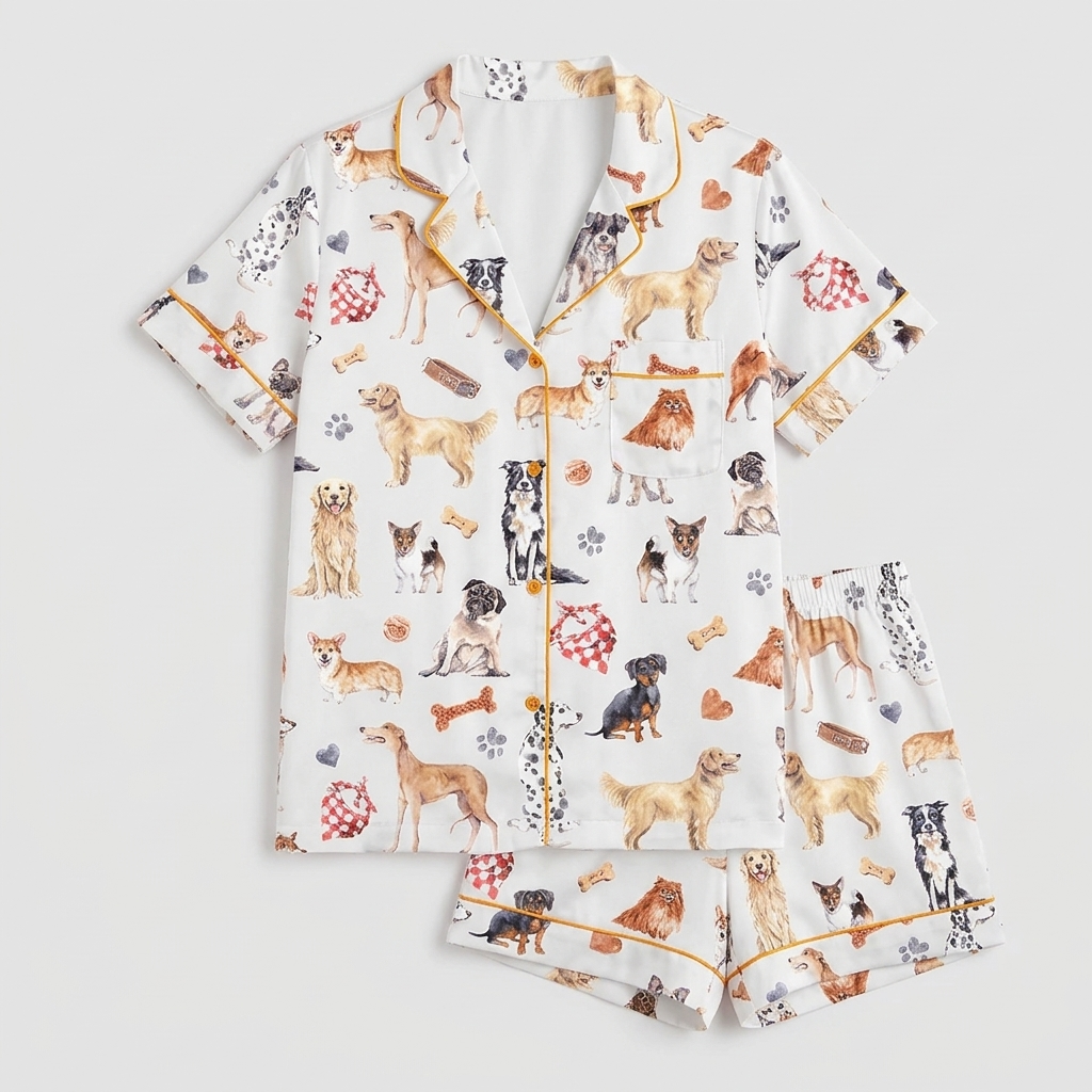 Women's satin pajama set with watercolor golden retrievers, corgis and pugs, bones and paw prints on white - flat lay