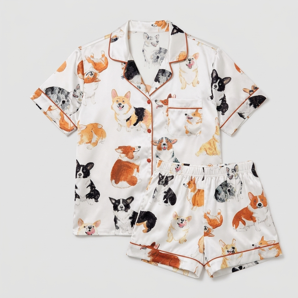 Women's satin pajama set with watercolor corgis flopping and trotting across white - flat lay