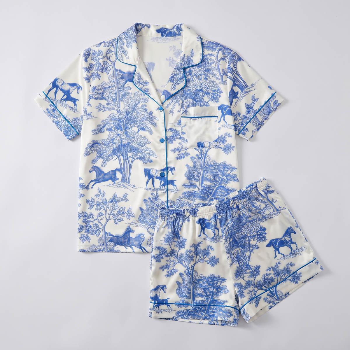 Blue Toile Pasture Horses Women's Pajama Set - flat lay