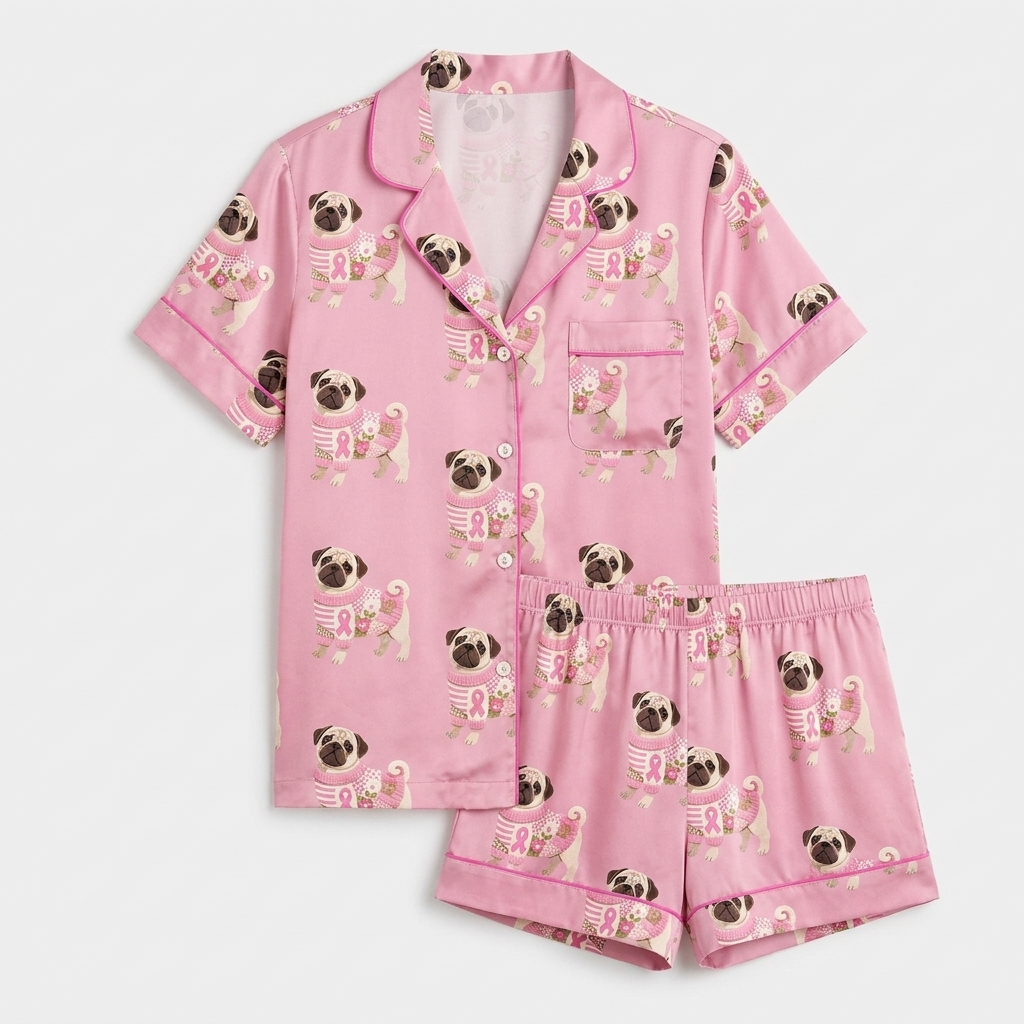 Women's long-sleeve satin pajama set with round-eyed pugs in cozy pink knits on rosy pink - flat lay