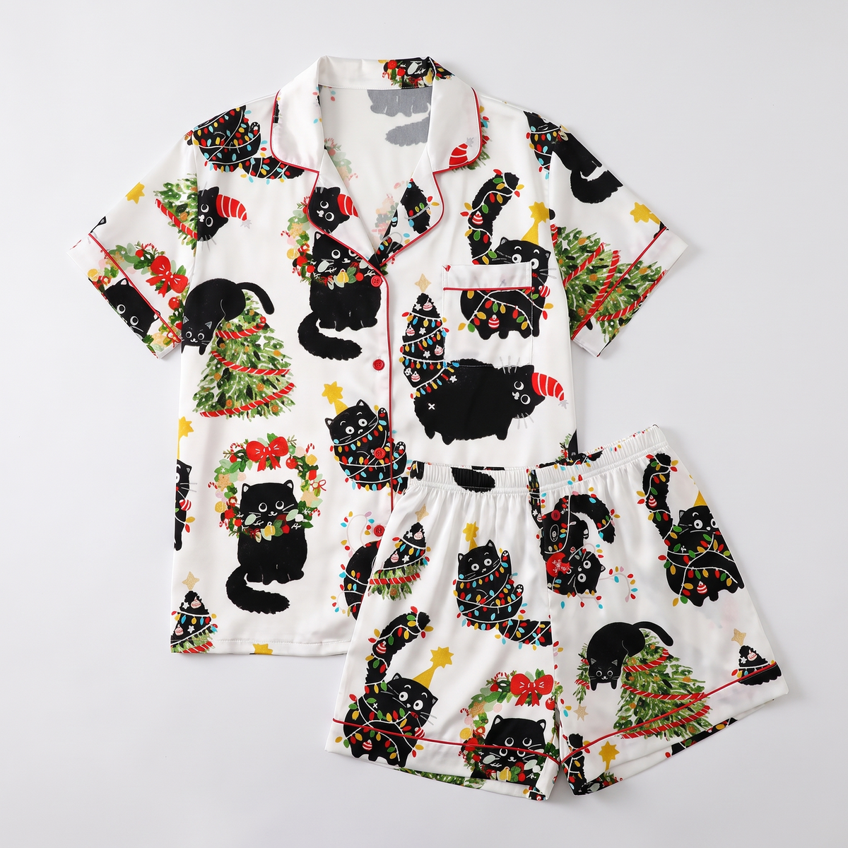 Black Cats & Wreaths Women's Pajama Set - flat lay
