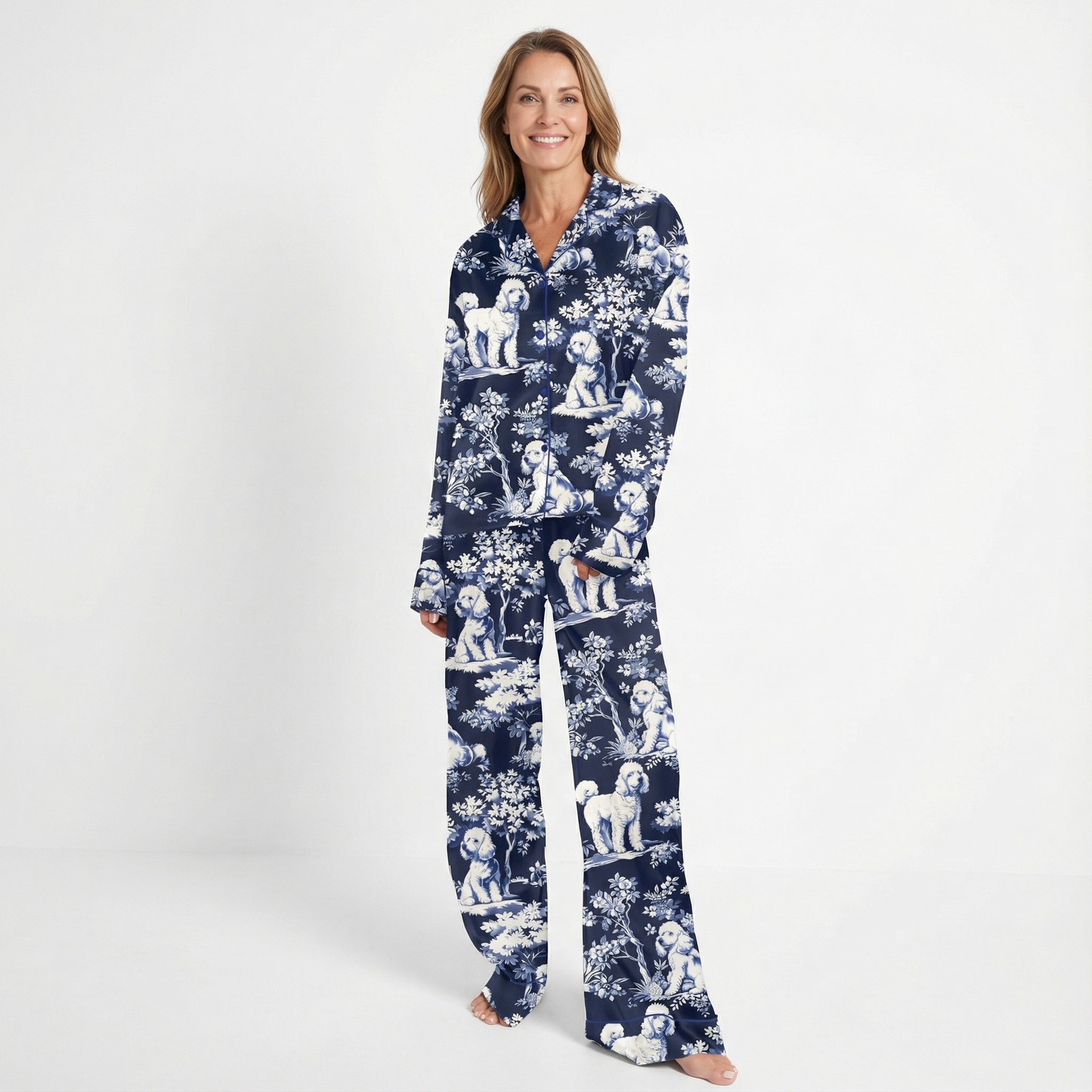 Blue Toile Poodle Women's Pajama Set